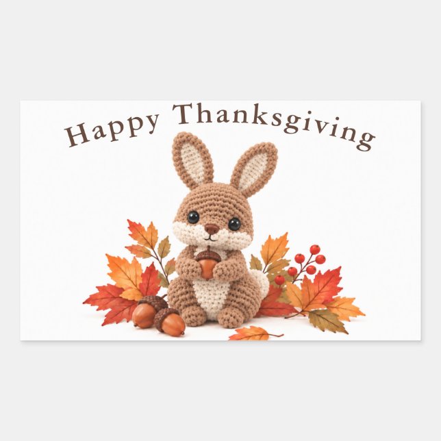 Crochet Rabbit Happy Thanksgiving Rectangular Sticker (Front)