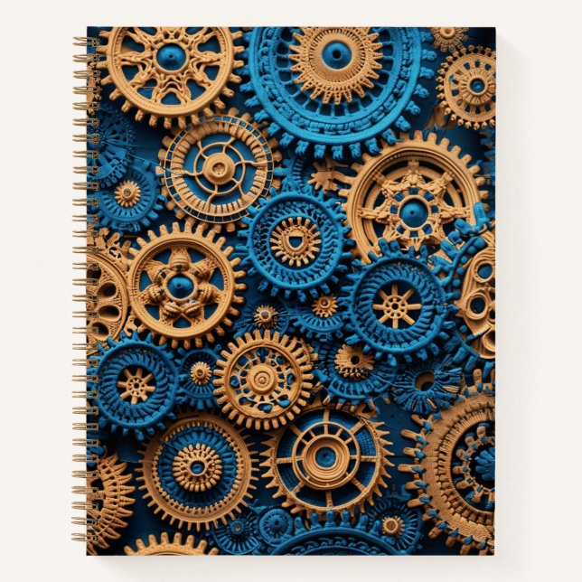 Crochet Steampunk Gear Pattern Brown Blue Notebook (Front)