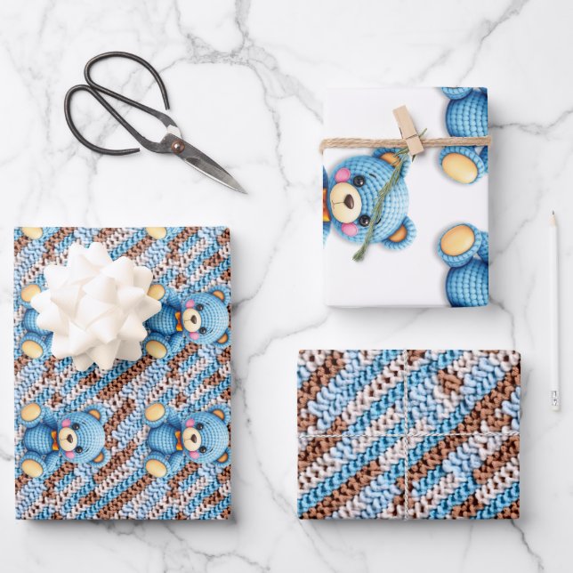 Crochet Teddy Bear Baby Shower Wrapping Paper Sheet (Front)
