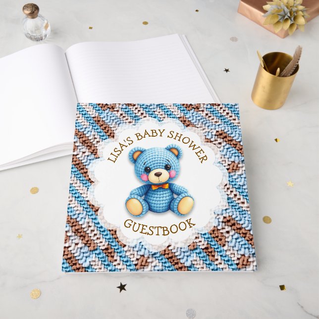 Crochet Teddy Bear | Boy's Baby Shower Guest Book (Front Open)