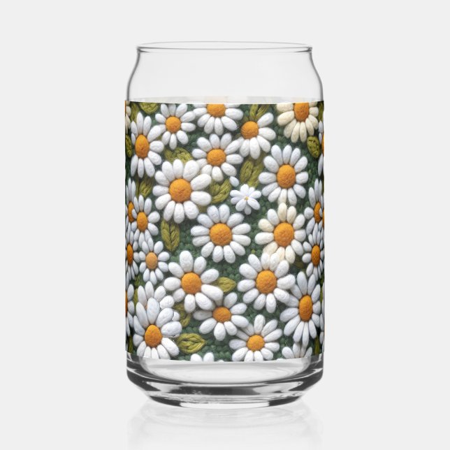 Crochet White Daisies Spring Wildflowers Can Glass (Front)