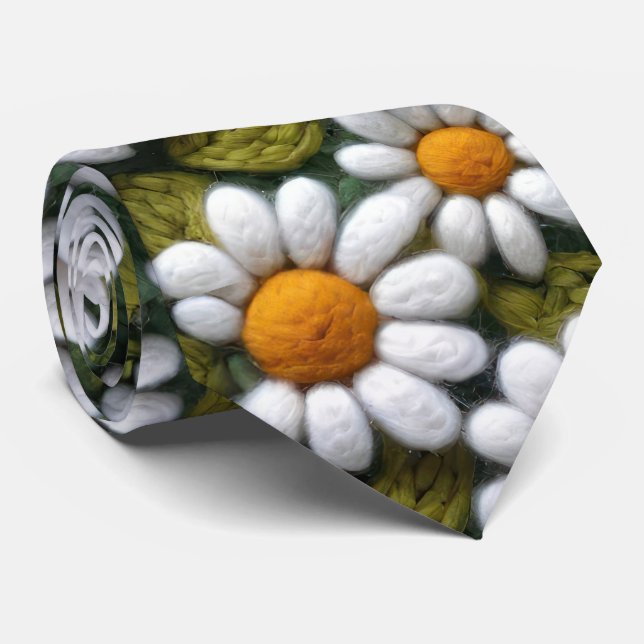 Crochet White Daisies Spring Wildflowers Tie (Rolled)