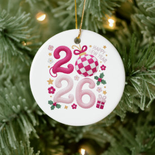 Crochet Yarn Happy New Year 2026 Ceramic Tree Decoration