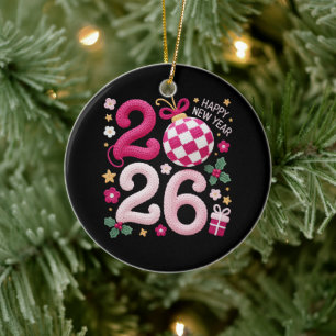 Crochet Yarn Happy New Year 2026 Ceramic Tree Decoration