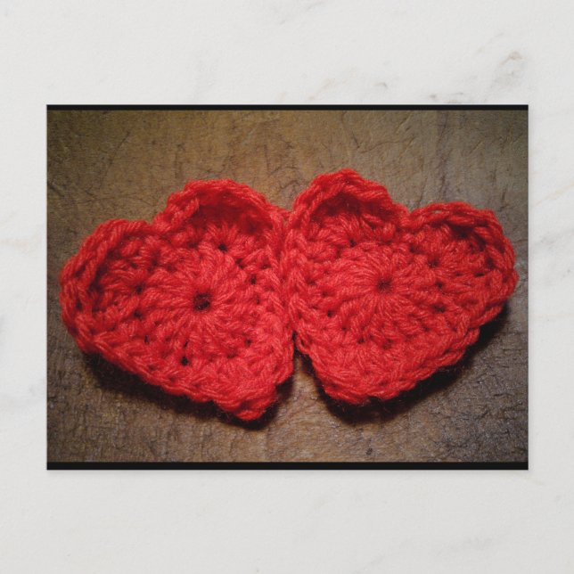 Crochet Yarn Hearts on Wood Handmade Postcard (Front)