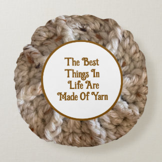 Crochet Yarn Quote Blue Brown Handmade Craft Round Cushion