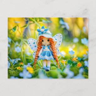 Crocheted Doll with Hat and Blue Flowers Holiday Postcard
