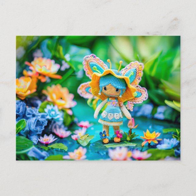 Crocheted Fairy with Blue Flowers Holiday Postcard (Front)