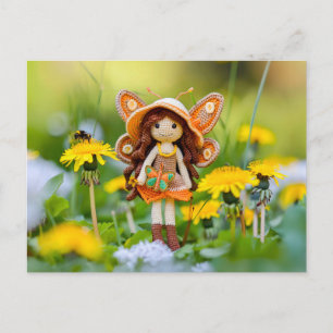 Crocheted Fairy with dandelion Flowers Holiday Postcard