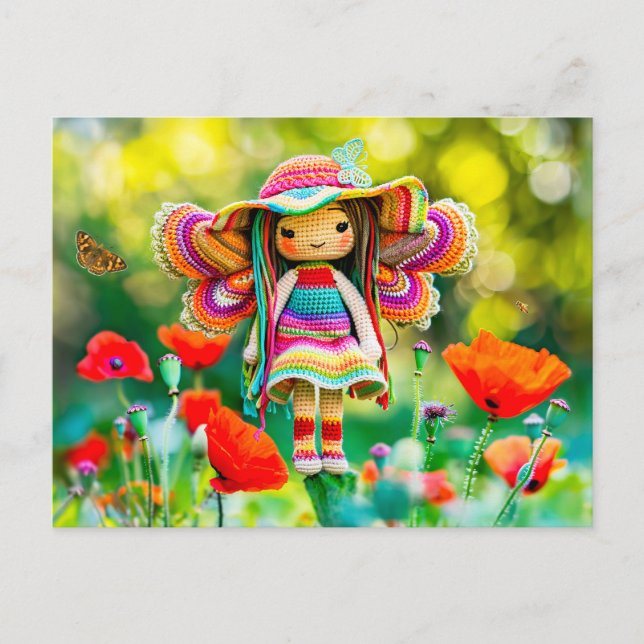 Crocheted Fairy with Red poppy Flowers Holiday Postcard (Front)