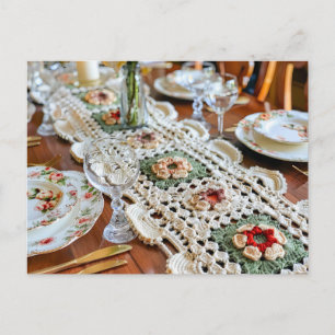 Crocheted Granny Square Table Runner on a Festivel Postcard