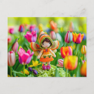 Crocheted Little Fairy with Tulips Holiday Postcard