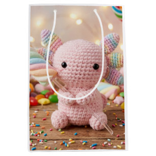 Crocheted Pink Axolotl Pastel Candy Birthday Medium Gift Bag