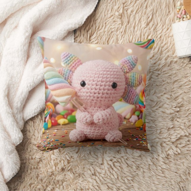 Crocheted Pink Axolotl Pastel Candy  Cushion (Blanket)
