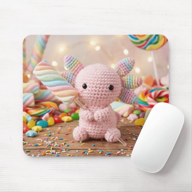 Crocheted Pink Axolotl Pastel Marshmallow Candy   Mouse Mat (With Mouse)