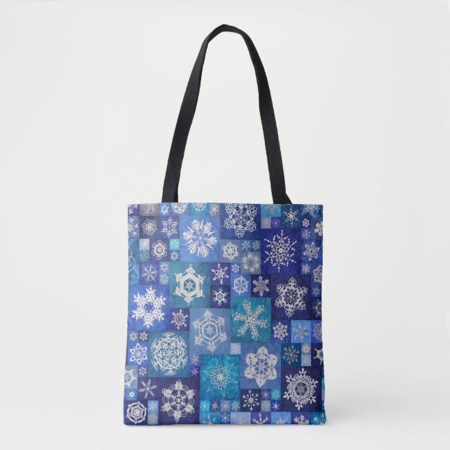 Crocheted Snowflakes Blue Digital Patchwork Tote Bag (Front)
