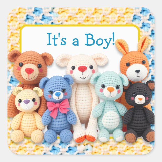 Crocheted Stuffed Animals | It's a Boy Square Sticker (Front)