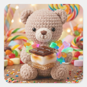 Crocheted Teddy Bear with S'more Candy Land Square Sticker