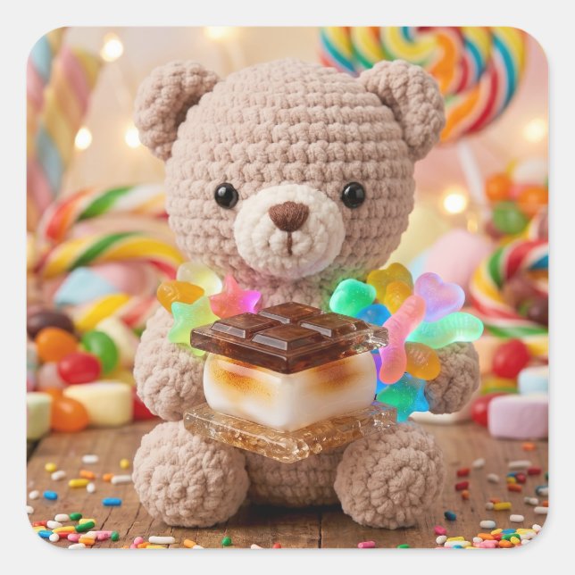 Crocheted Teddy Bear with S'more Candy Land   Square Sticker (Front)