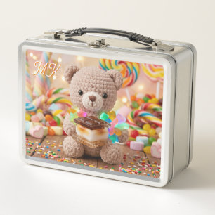 Crocheted Teddy Bear with S'more Personalised Metal Lunch Box