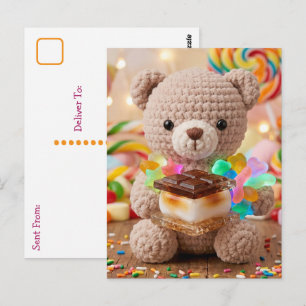 Crocheted Teddy Bear with S'more   Saying Hi Postcard