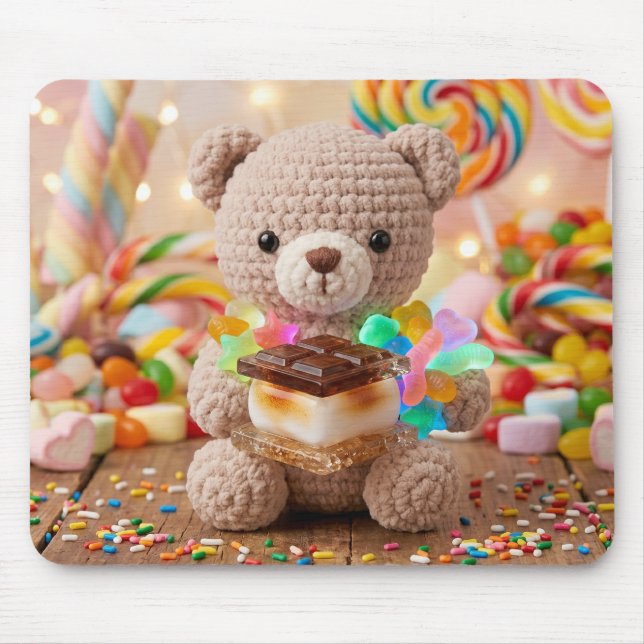 Crocheted Teddy Bear with S'more Whimsical Mouse Mat (Front)