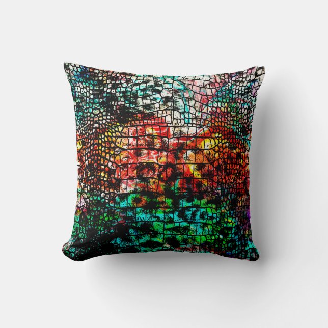 Crocodile and leopard pattern with colourful abstr cushion (Front)