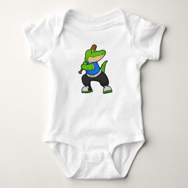 Crocodile at Baseball with Baseball bat Baby Bodysuit (Front)