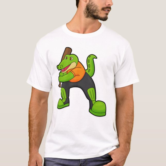 Crocodile at Cricket with Cricket bat T-Shirt (Front)
