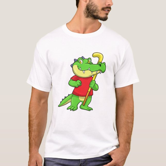 Crocodile at Field hockey with Hockey stick T-Shirt (Front)