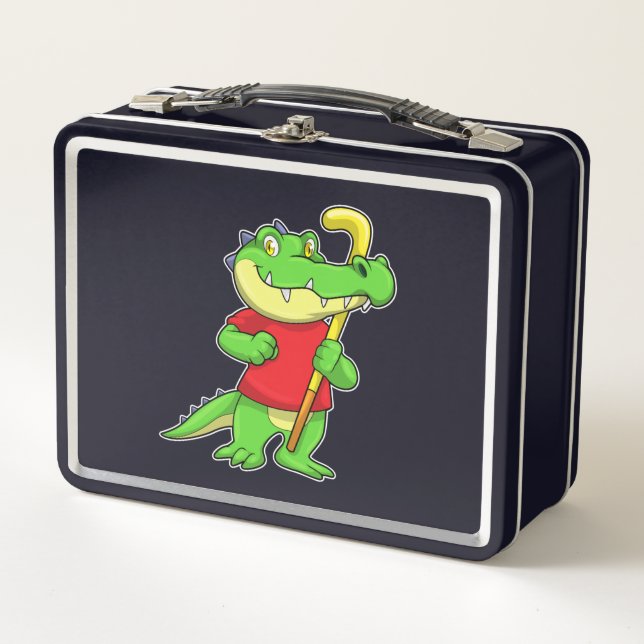 Crocodile at Field hockey with Stick Metal Lunch Box (Front)