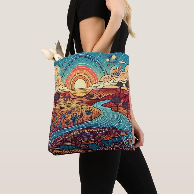 Crocodile Australian Aboriginal style Wildlife Art Tote Bag (Close Up)