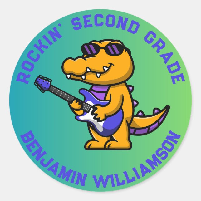 Crocodile Back To School Customised Grade Name Classic Round Sticker (Front)