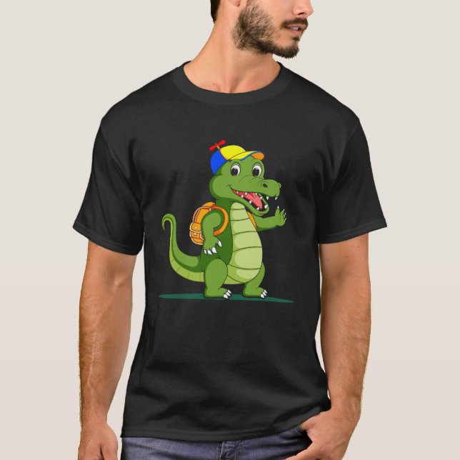 Crocodile Goes Hiking Nature Outdoor Sports Campin T-Shirt (Front)