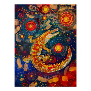 Crocodile in Aborigine Dot Art Style Poster