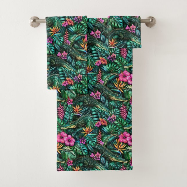 Crocodile Jungle Dreams Seamless Surface Pattern Bath Towel Set (Insitu)