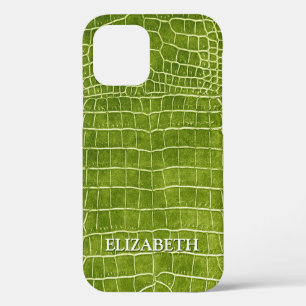 Crocodile Lime Green Faux Leather Personalise Name iPhone 12 Case