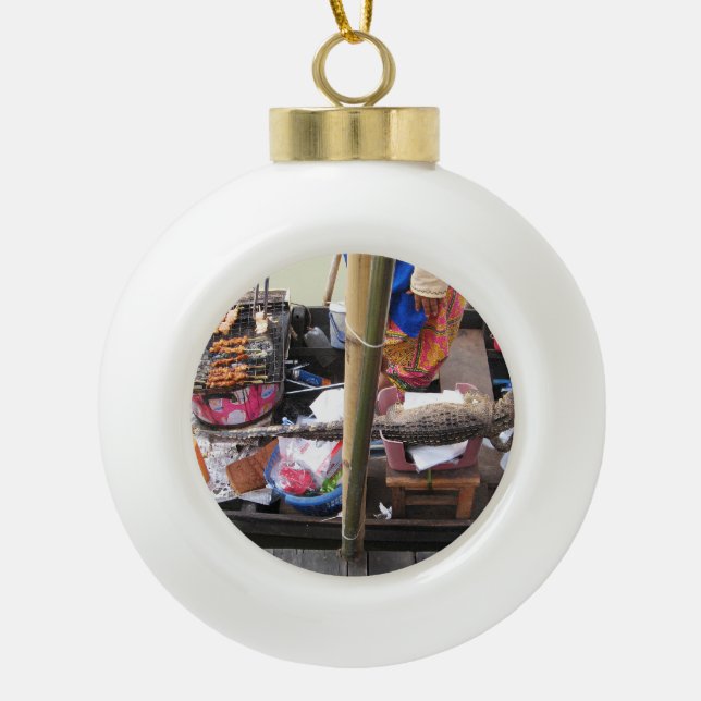 Crocodile Meat BBQ ... Thailand Street Food Ceramic Ball Christmas Ornament (Front)