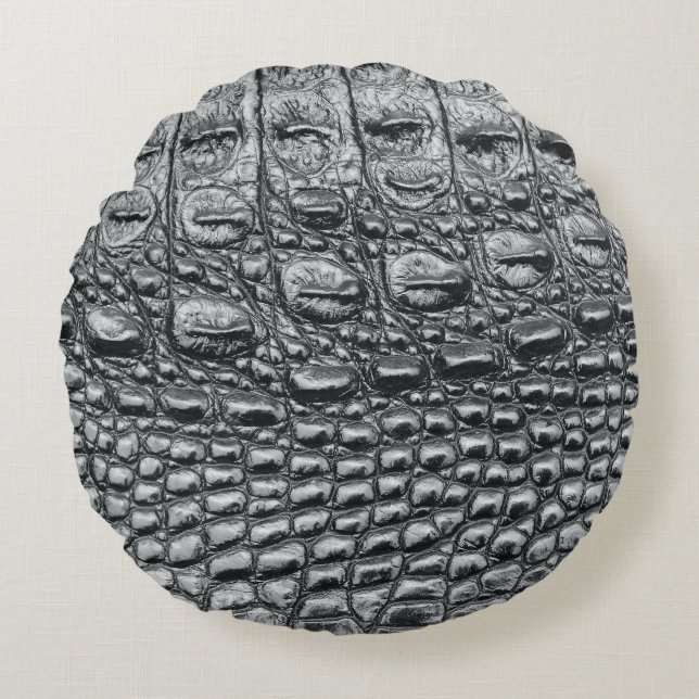 Crocodile Noir: Black Leather Mystique Round Cushion (Front)