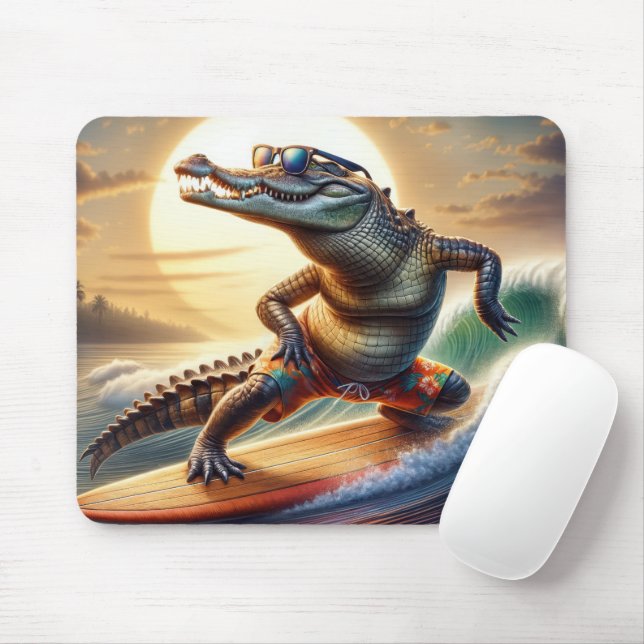 Crocodile On a Surfboard Mouse Mat (With Mouse)