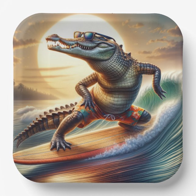 Crocodile On a Surfboard Paper Plate (Front)