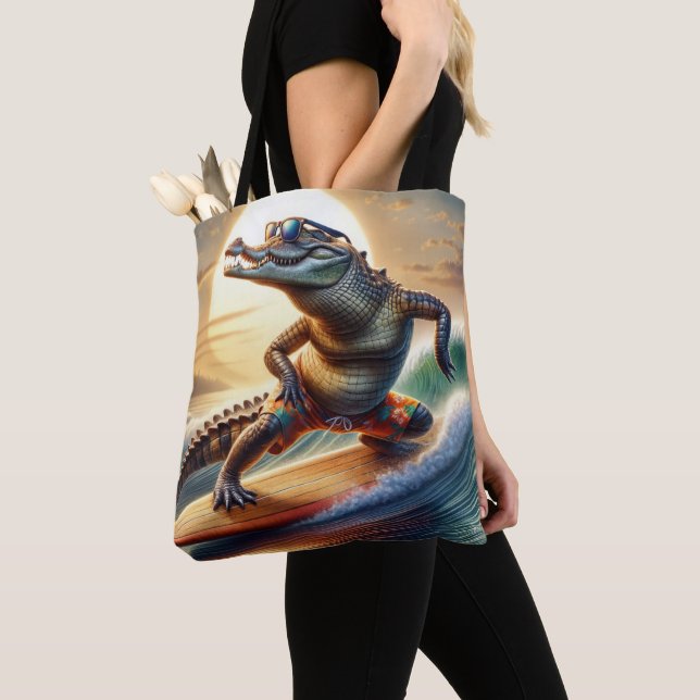 Crocodile On a Surfboard Tote Bag (Close Up)