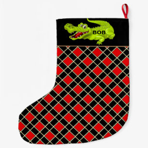 Crocodile on Black & Red Diamond Pattern Large Christmas Stocking