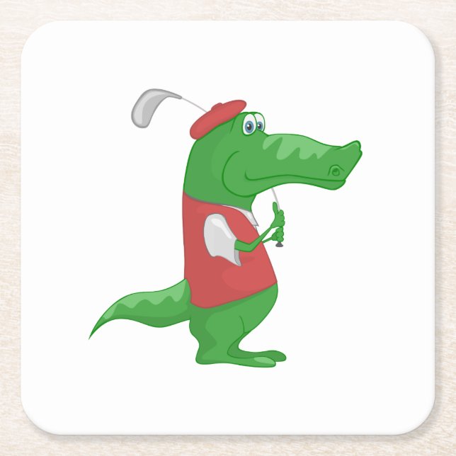 Crocodile playing golf cartoon square paper coaster (Front)