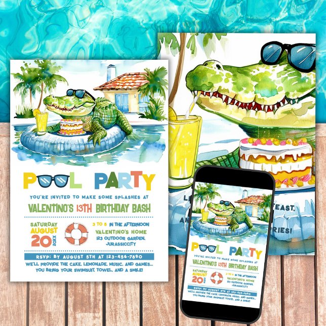Crocodile Pool Party Birthday Invitation (Creator Uploaded)