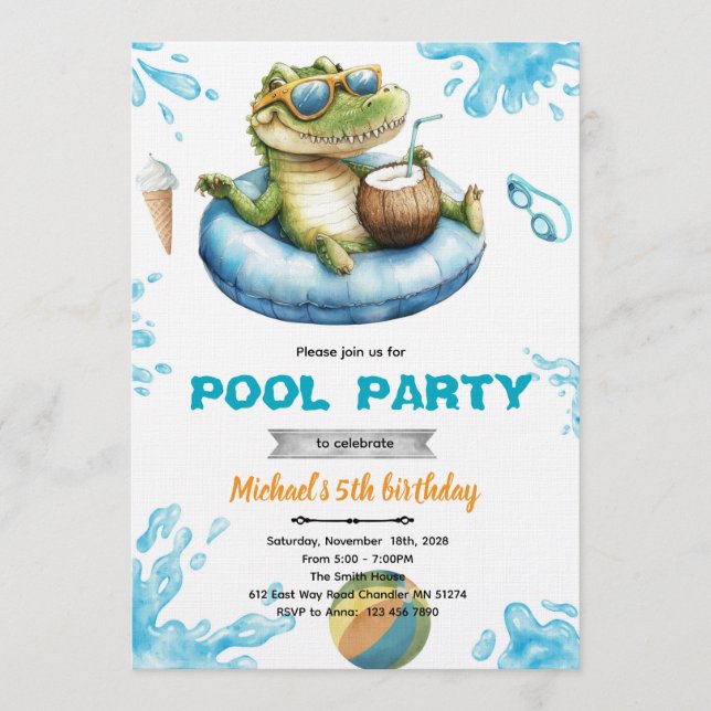 Crocodile Pool Party Birthday Invitation (Front)