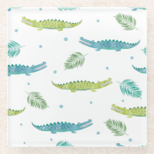 Crocodile Watercolor: Vintage Alligator Pattern Glass Coaster