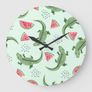 Crocodile Watermelon, Abstract Vintage Pattern. Large Clock