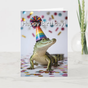 Crocodile Wearing a Rainbow Birthday Party Hat Card