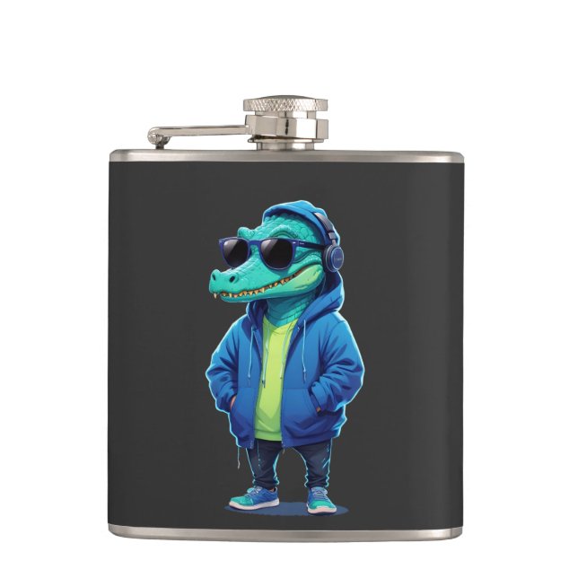 Crocodile Wearing Hoodie Funny Cool Animal Vector Hip Flask (Front)